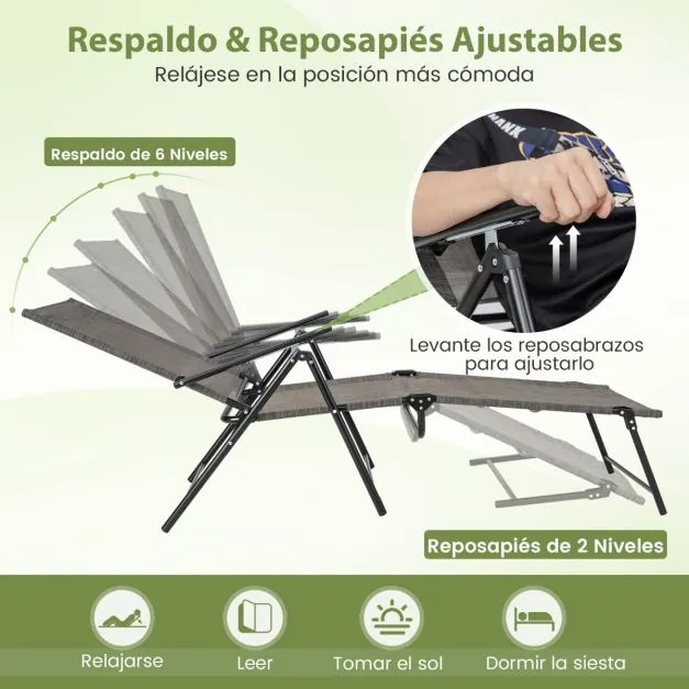 Conjunto de 2 espreguiçadeiras jardim dobráveis com encosto de 6 níveis Assento respirável Estrutura metálica em tecido 189 x 64 x 102 cm Castanho