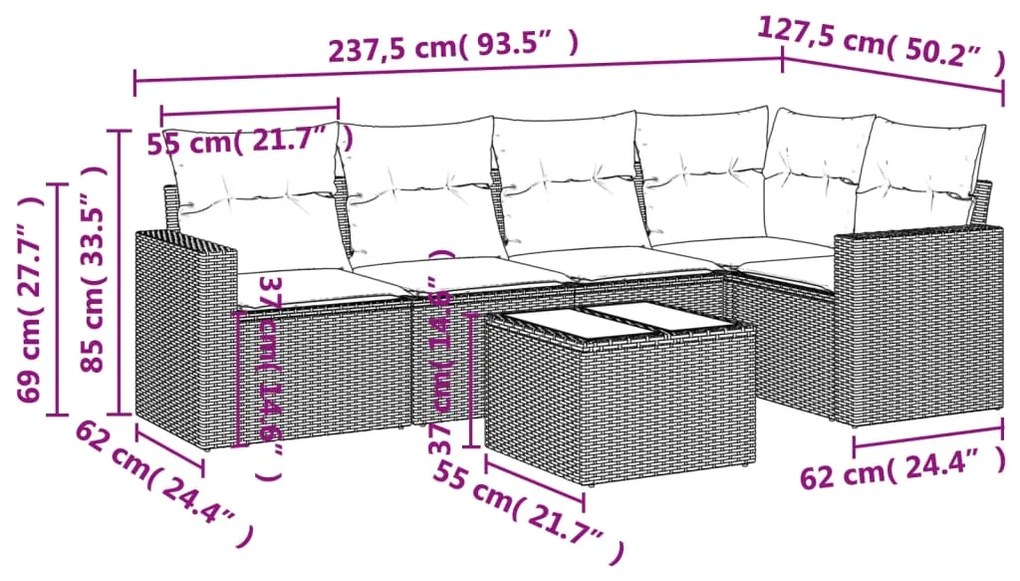 6 pcs conjunto de sofás jardim c/ almofadões vime PE castanho