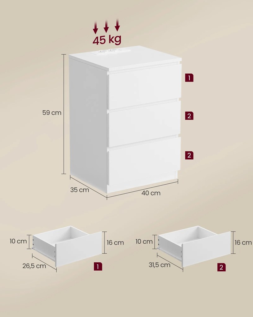 Mesa de cabeceira 3 gavetas moderna com 2 tomadas CA e 2 portas USB Branca