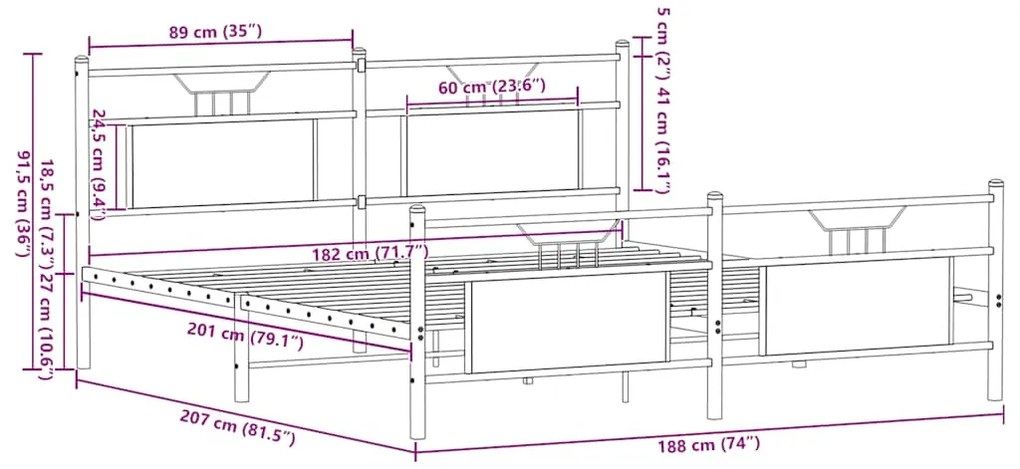 Estrutura cama sem colchão 180x200 cm metal carvalho castanho