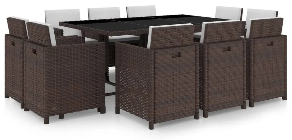 vidaXL 11 pcs conjunto jantar exterior com almofadões vime PE castanho
