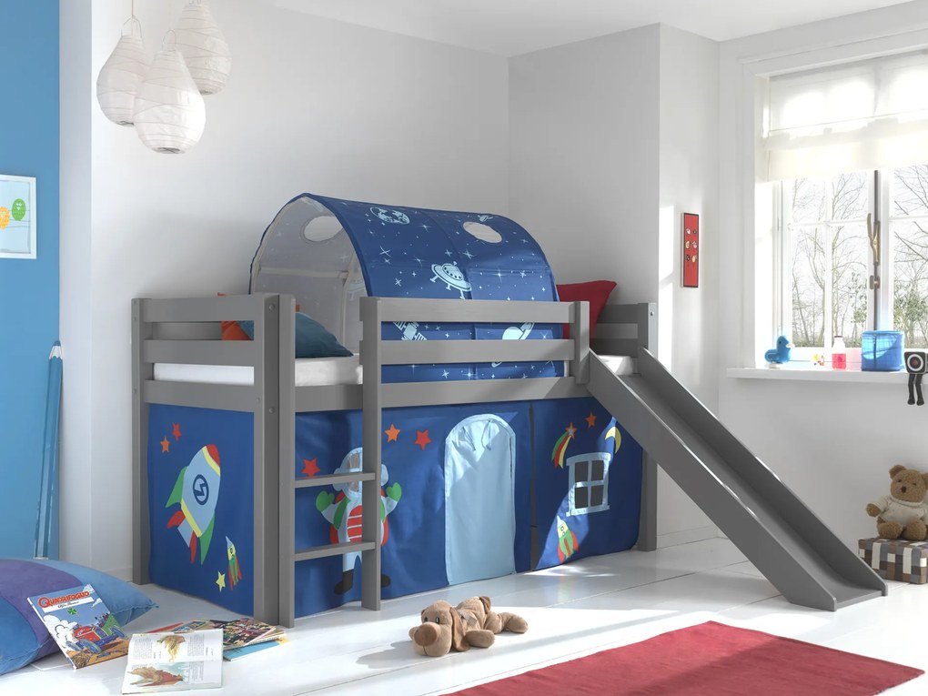 Conjunto Cama alta de Criança PINO 90 x 200 cm + estrado + escada + escorrega + tunel + cortina Astronauta Cinzenta