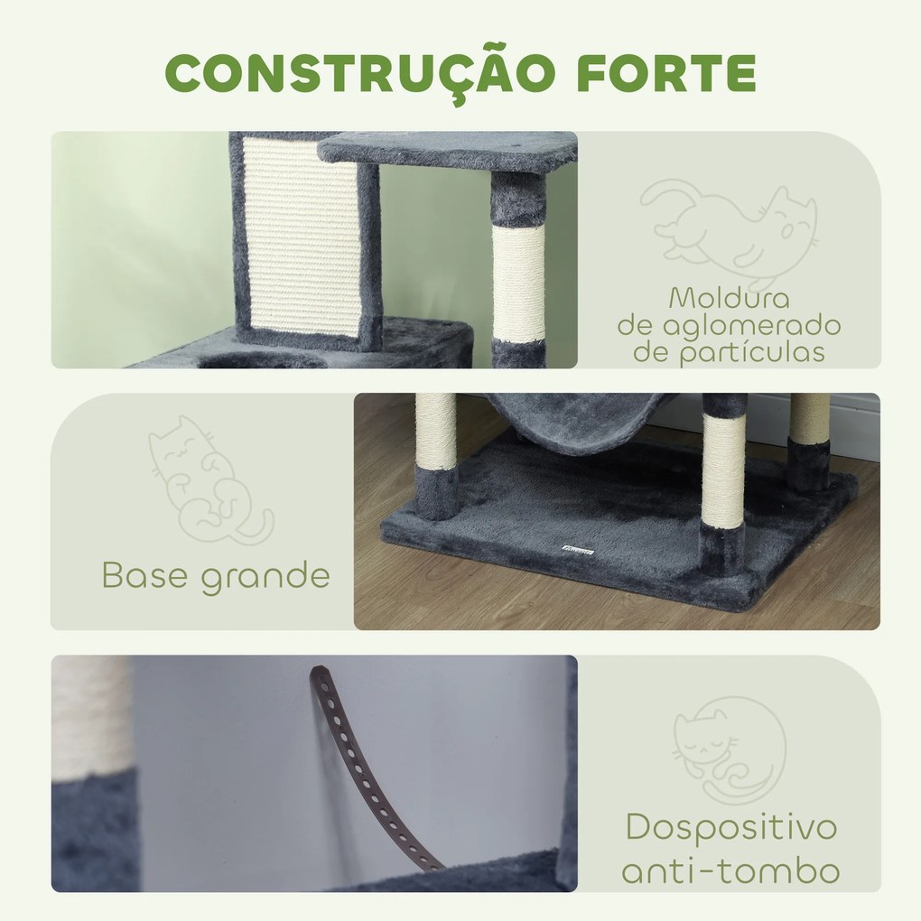 Arranhador para Gatos Grande 60x50x206 cm Torre para Gatos com Plataformas Caverna Bolas Suspensa e Rede Cinza Escuro
