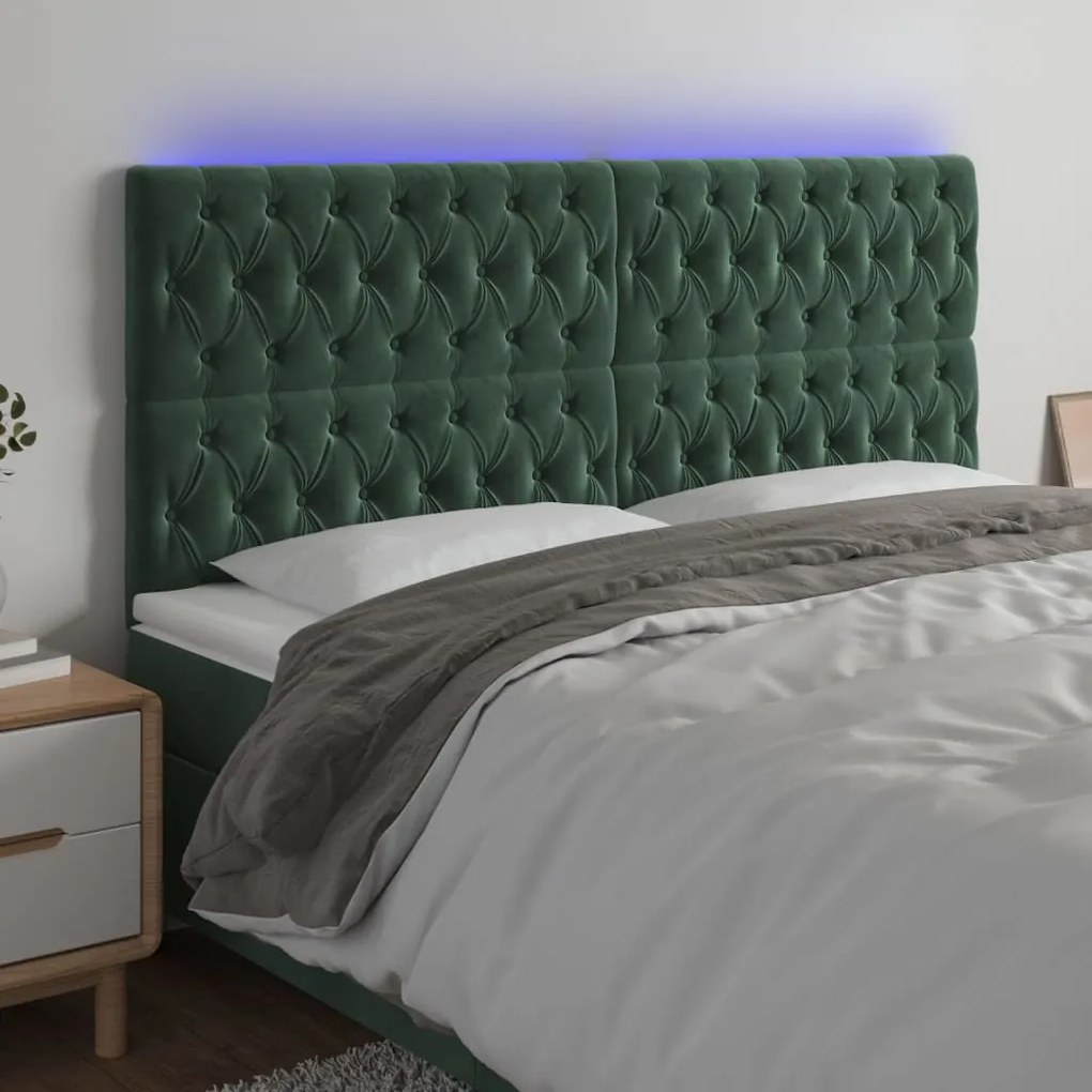 Cabeceira de cama c/ LED veludo 180x7x118/128 cm verde-escuro