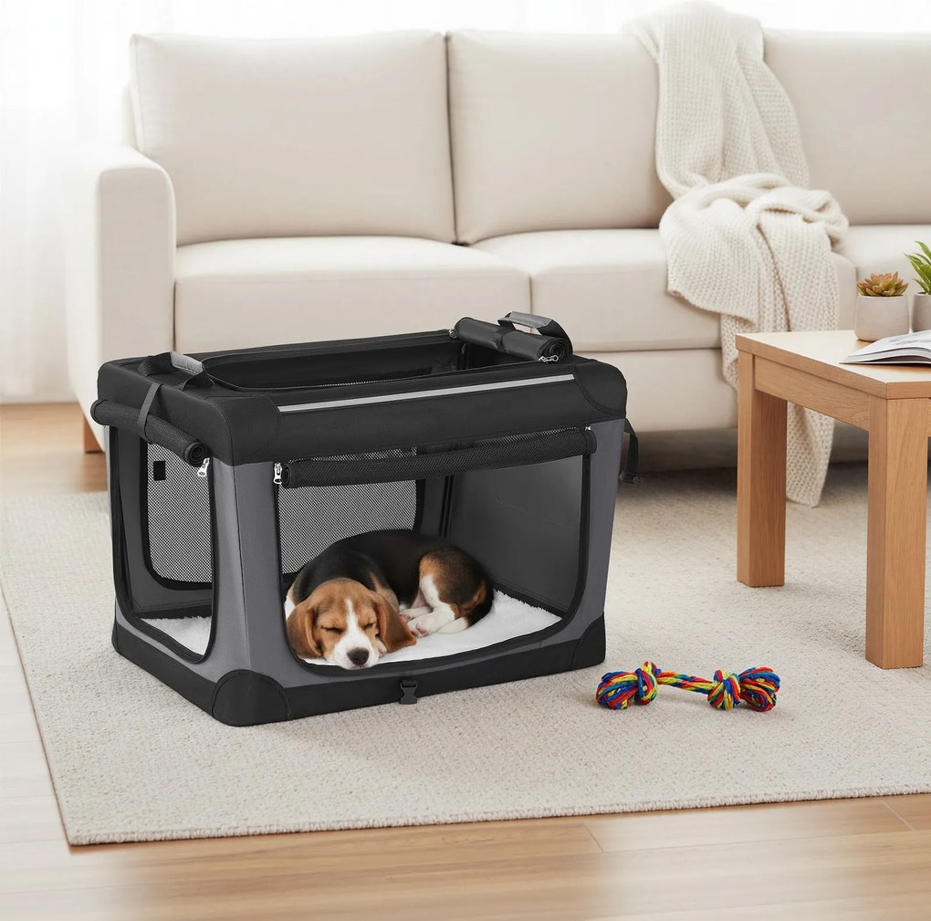 Transportadora dobrável para cães 76 x 53 x 53 cm, tecido Oxford, bolsa para cães com 4 portas em tecido de malha preta