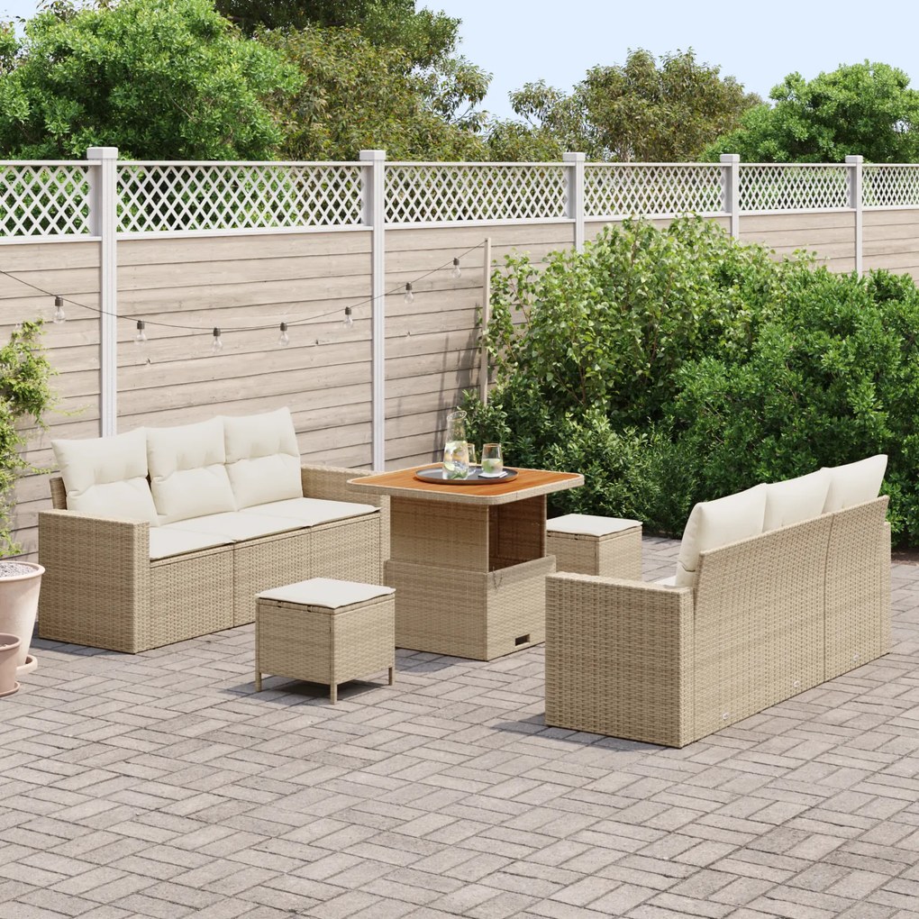 Conjunto de Sofá de Jardim de 9 Peças com Almofadas Bege de Rattan Acá