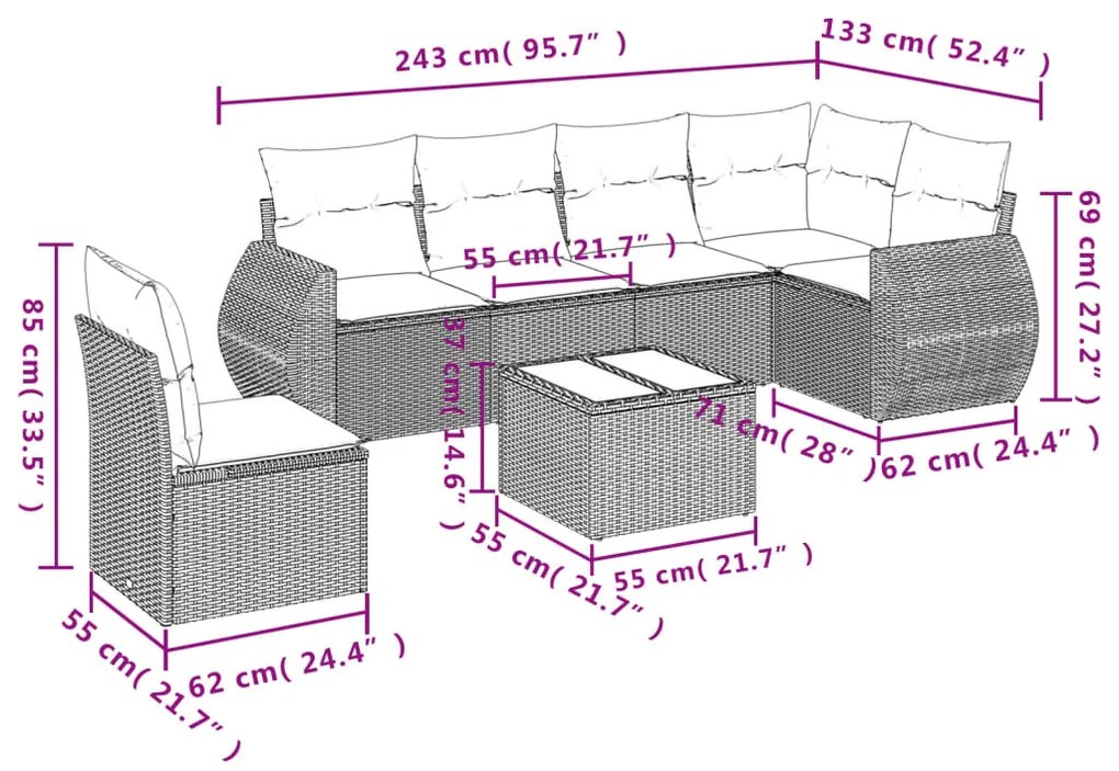 7 pcs conjunto de sofás jardim c/ almofadões vime PE castanho