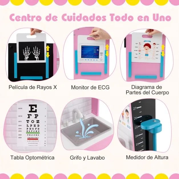 Consultório médico em madeira para Crianças 85 x 25 x 80 cm com área de exame, filme de raios X, monitor de ECG e tabela optométrica rosa