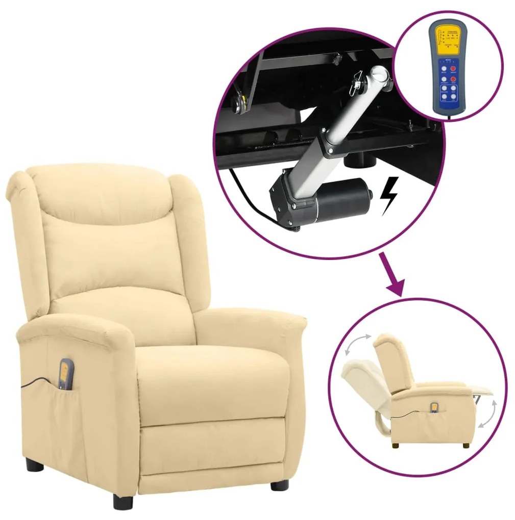vidaXL Poltrona elevatória de massagens tecido de microfibra cor creme