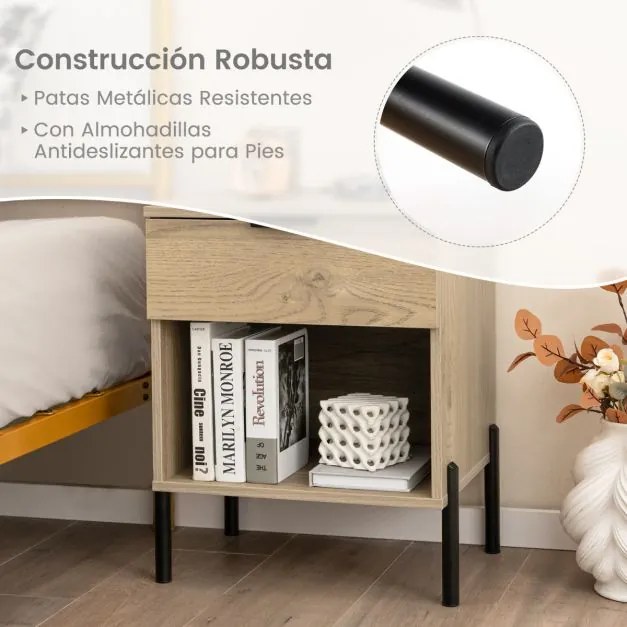 Mesa de cabeceira moderna com 1 tomada e 2 portas USB com gaveta e compartimento aberto Mesa lateral para sala de estar Quarto Natural