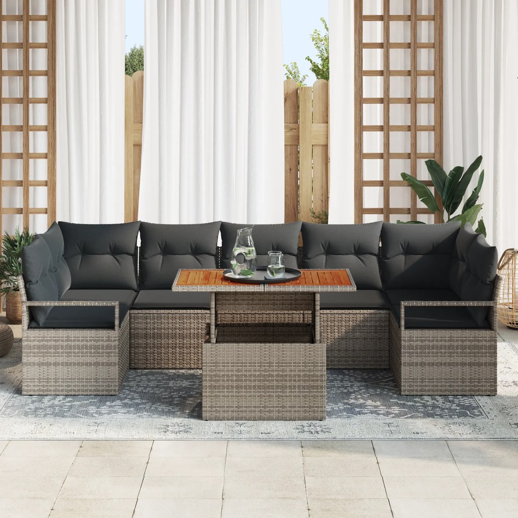 Conjunto de Sofá de Jardim vidaXL 8 Peças com Almofadas Cinza Rattan P
