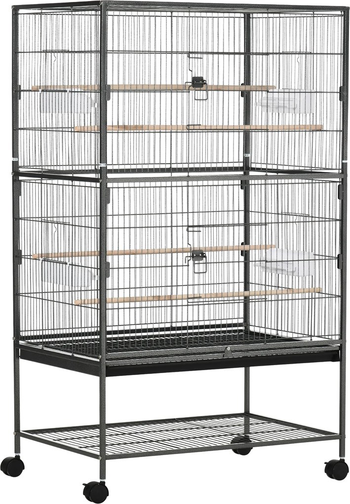 PawHut Gaiola para Pássaros Grande Cinza com Rodas 4 Portas 4 Comedouros Bandeja Amovível Prateleira de Armazenamento 78x52x132cm | Aosom Portugal