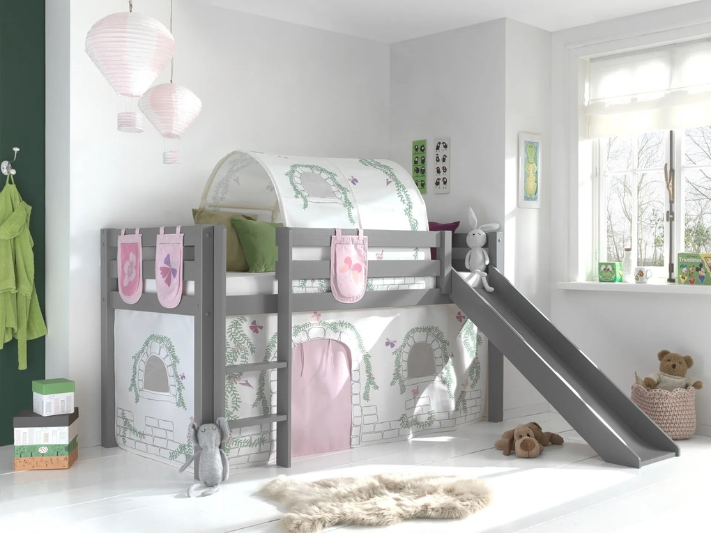 Conjunto Cama alta de Criança PINO 90 x 200 cm + estrado + escada + escorrega + tunel + cortina + bolsas de arrumação Passaros Cinzenta