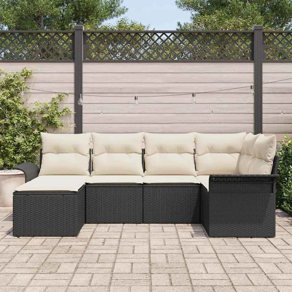 Conjunto de Sofá de Jardim em 6 Peças com Almofadas Preto Rattan PE