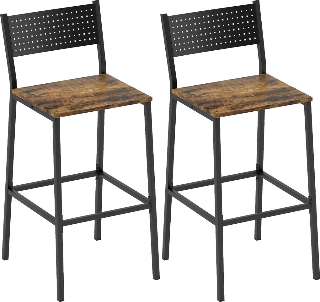 HOMCOM Conjunto de 2 bancos de bar, cadeiras de bar, assento 72,5H cm, encosto e apoio para os pés, pés em metal, castanho rústico | Aosom Portugal
