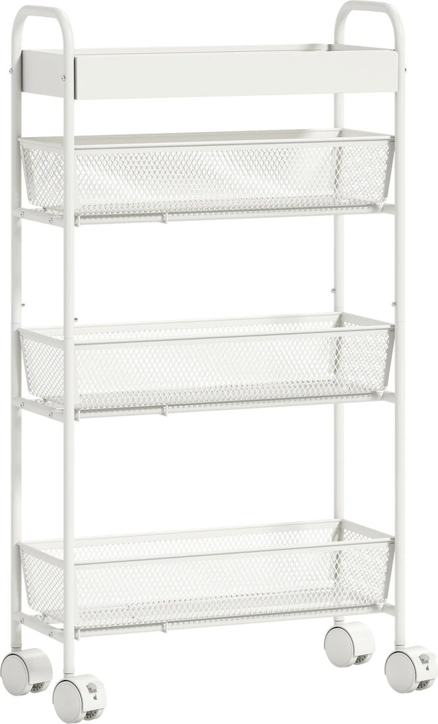 HOMCOM Carrinho de cozinha em metal, 3 cestos, design estreito, 4 rodas, para cozinha, sala, casa de banho, branco | Aosom Portugal