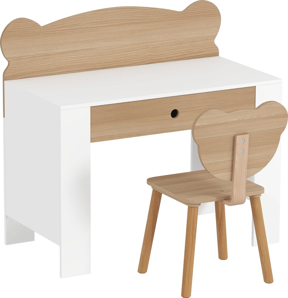 AIYAPLAY Conjunto de secretária para crianças, mesa de trabalho e cadeira em forma de urso, com gaveta, para escrever e fazer trabalhos manuais, 3-8 anos, madeira natural | Aosom Portugal