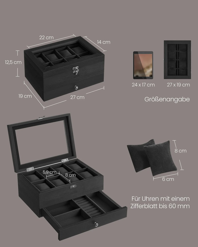 Caixa para relógios com 8 compartimentos e tampa de vidro 19 x 27 x 12,5 cm, na cor Preto