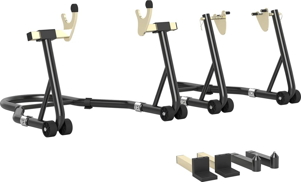 Suporte para roda dianteira e traseira com capacidade para 390 kg; suporte de oficina para motos com braço ajustável em aço, garfo em forma de U + L,