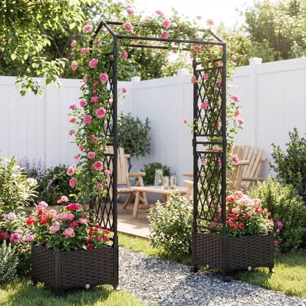 Floreira de jardim 81 x 40 x 162 cm com rega automática, com treliça e rodas bloqueáveis em rattan para plantas trepadeiras, tomates ou flores, castan