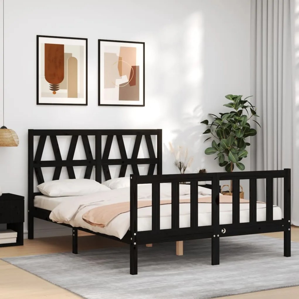 vidaXL Estrutura de cama com cabeceira 140x190 cm madeira maciça preto