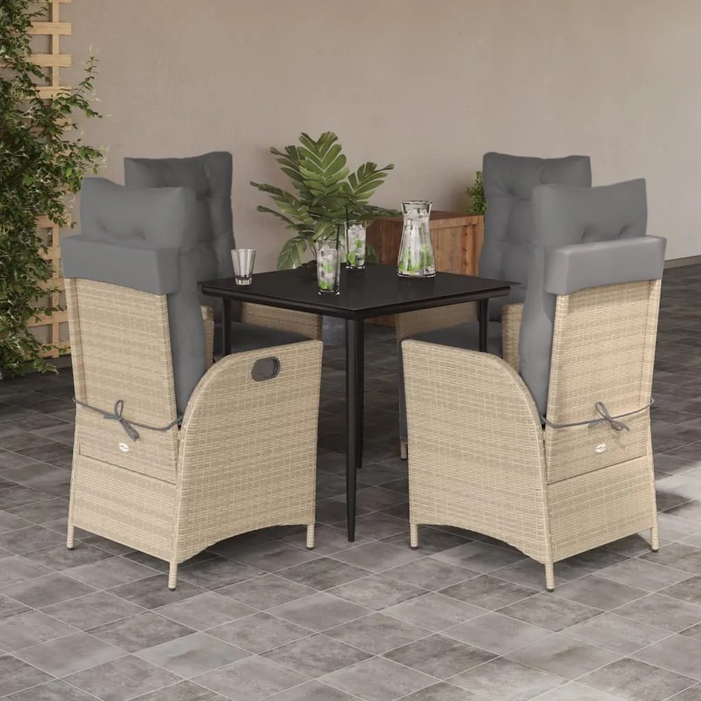 5pcs conj. jantar jardim c/ almofadões vime PE bege misturado