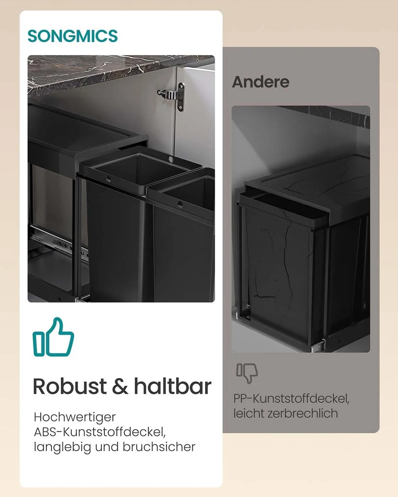 Caixote do lixo com dois compartimentos e sistema de separação de resíduos extraível 48,6 x 25,4 x 44 cm Preto
