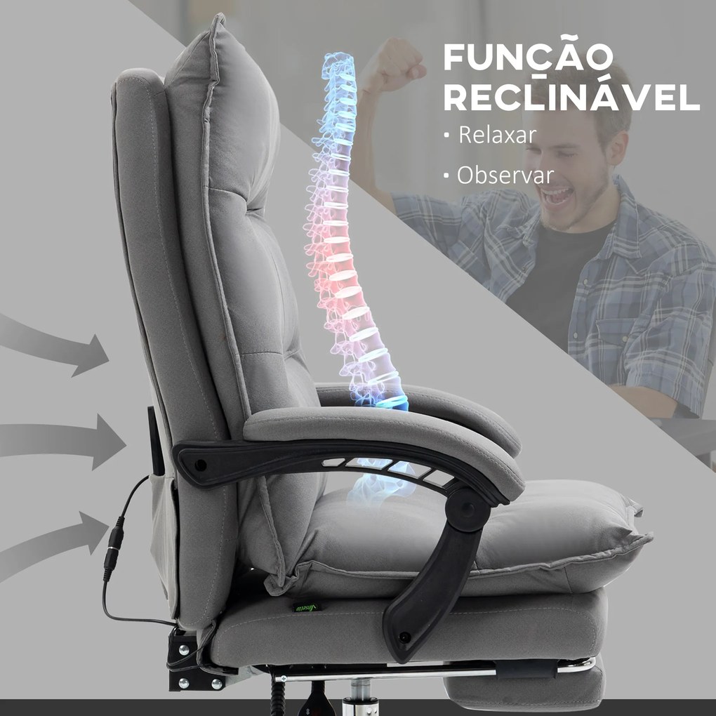 Cadeira de Escritório com 6 Pontos de Massagem e 5 Modos Reclinável com Função de Aquecimento 66x74x114-121,5 cm Cinza