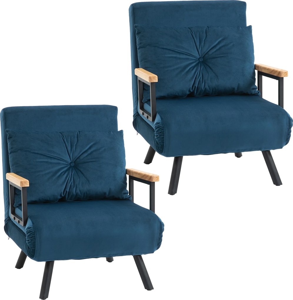 HOMCOM Conjunto de 2 Poltronas Convertível em Cama Dobrável com Encosto Ajustável em 5 Níveis e Almofada 63x73x81 cm Azul | Aosom Portugal