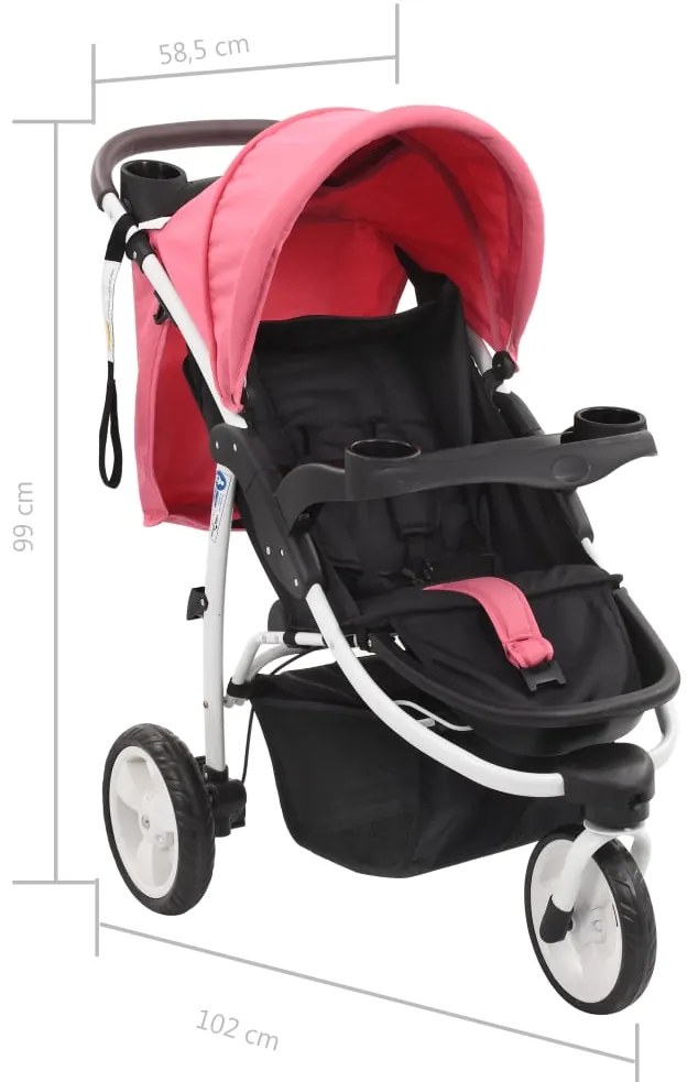 Carrinho de bebé com três rodas rosa e preto