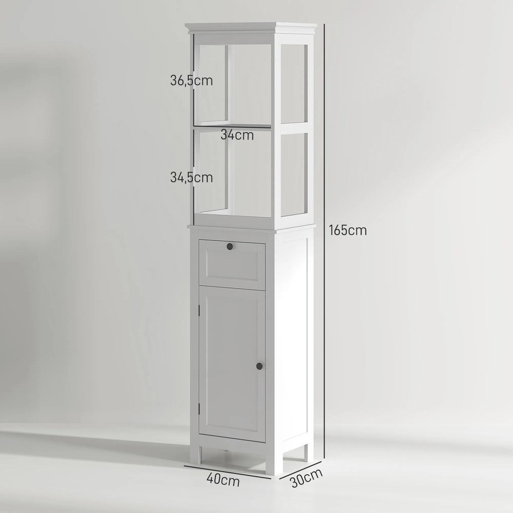 Coluna Casa de Banho Móvel Casa de Banho com Gaveta Porta Prateleira Ajustável e 2 Compartimentos 40x30x165 cm Branco