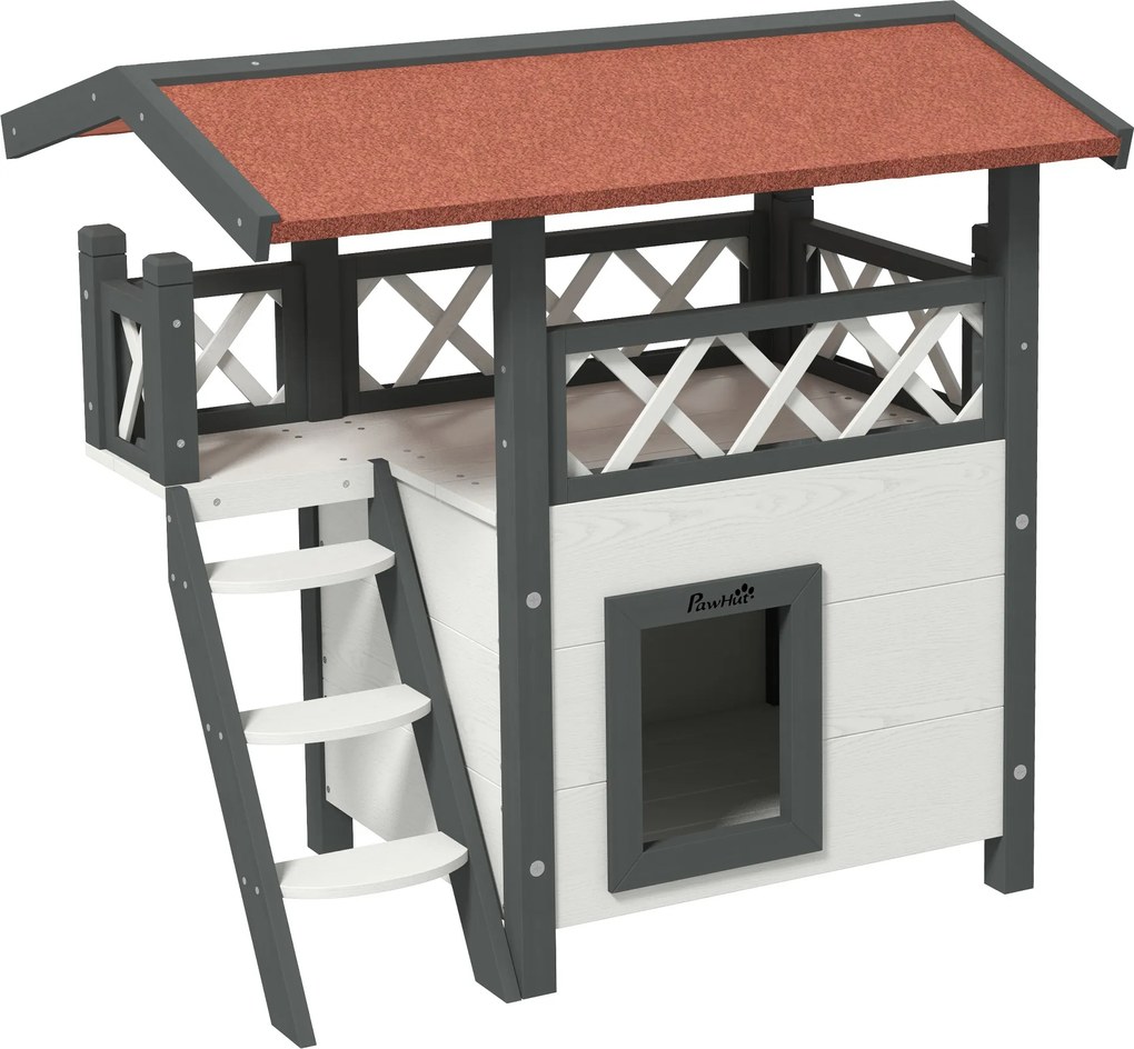 PawHut Casa para Gatos de Madeira 77x50x73cm Casa para Gatos com 2 Níveis com Teto Asfáltico Terraço Cercado Caverna e Escada Branco | Aosom Portugal