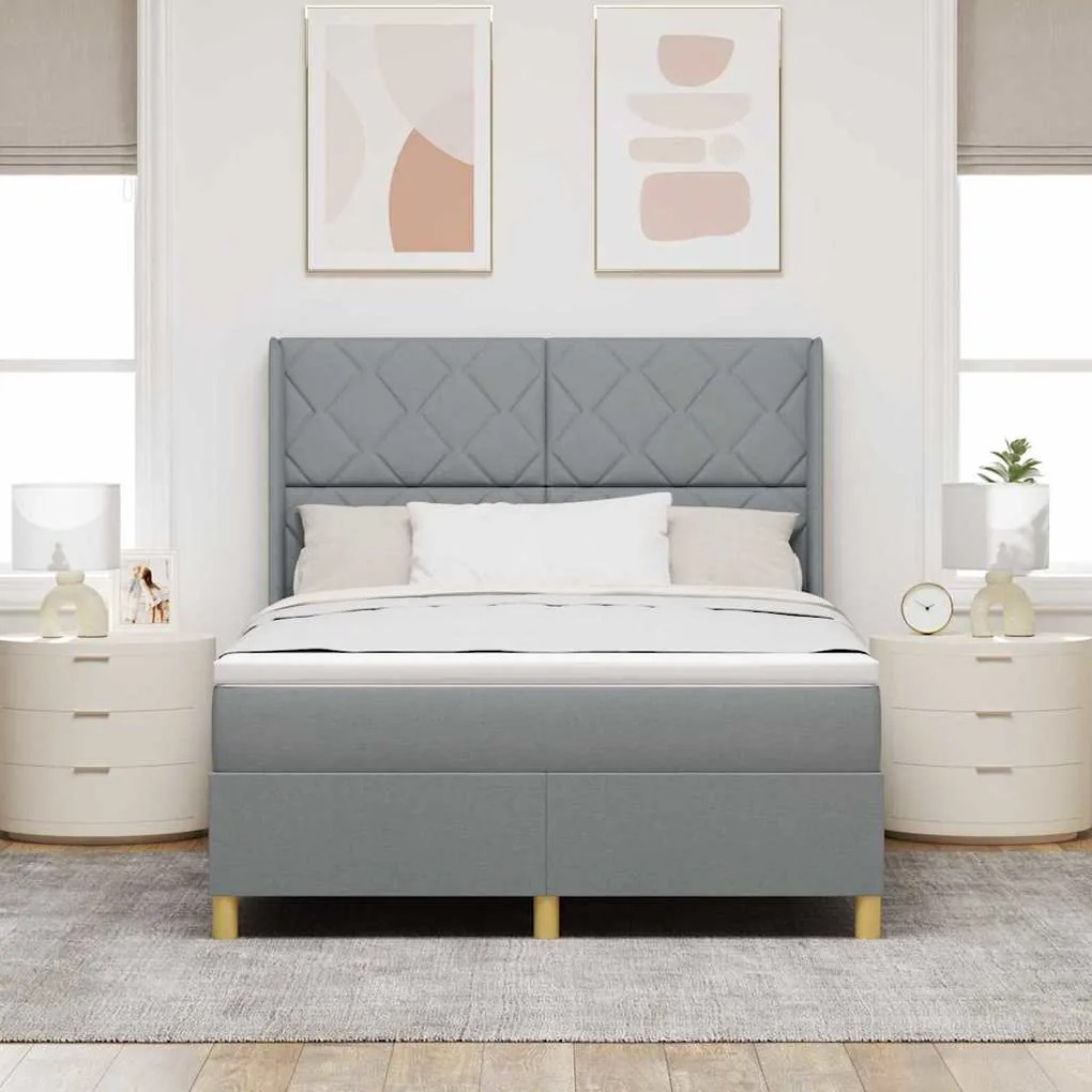 Cama Box Spring vidaXL com Colchão e Luz LED Cinza Claro 140x200 cm Te