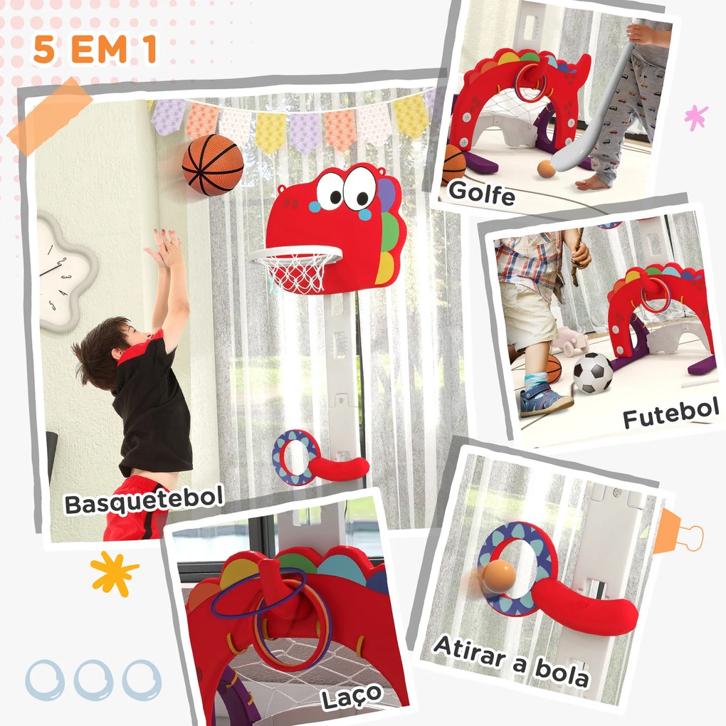 Cesto de Basquetebol 5 em 1 com Altura Ajustável Futebol Golf Aros Jogo de Lançamento 46x51x134-152 cm Vermelho