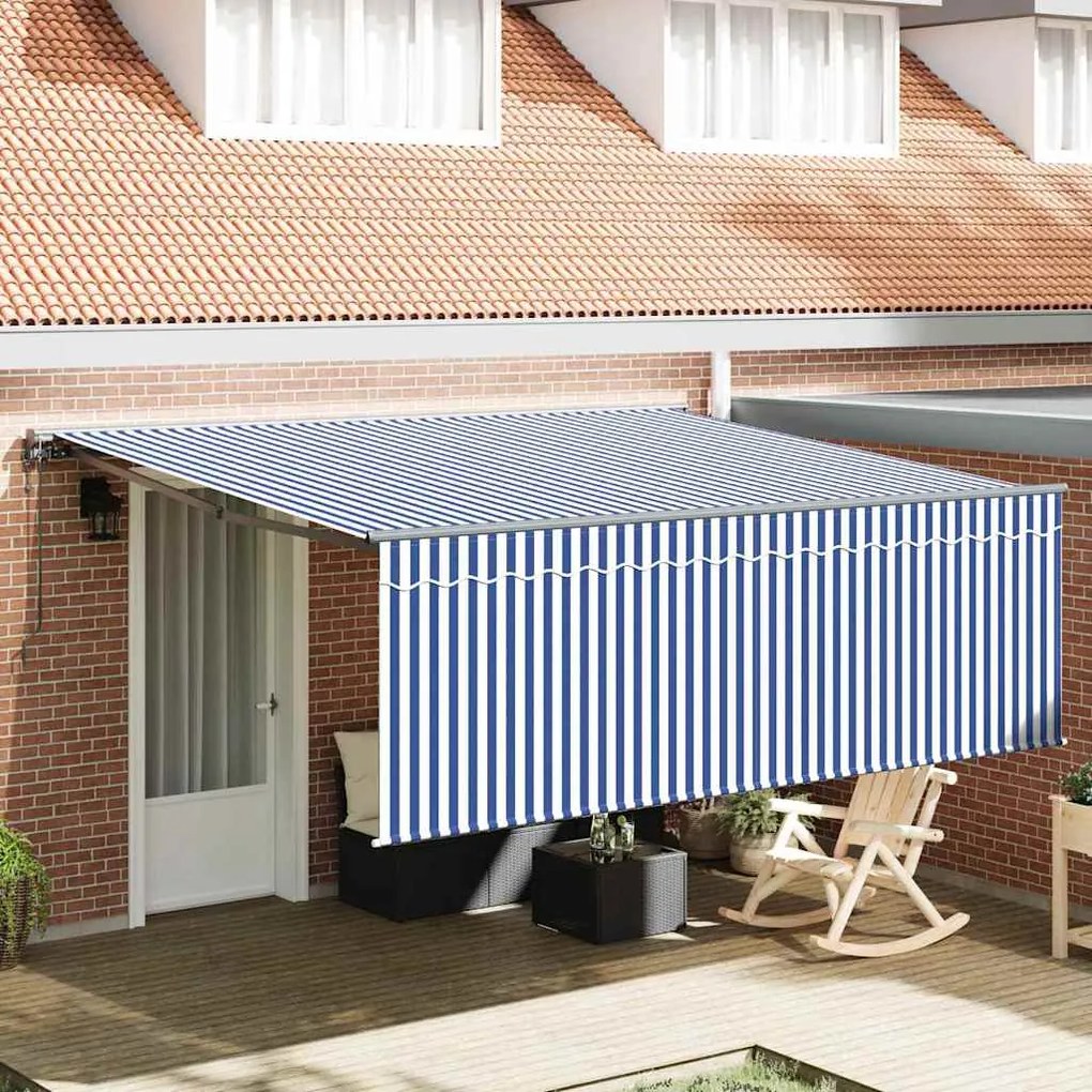 vidaXL Toldo Retrátil Manual Listras Azuis e Brancas 400 × 300 cm