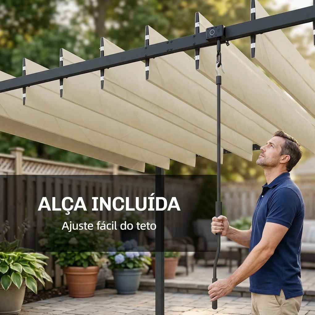 Pérgola de Jardim 3x3,8 m com Toldo Corrediço Ajustável a 90° Manivela, Estrutura de Alumínio e Aço UPF50+ Bege