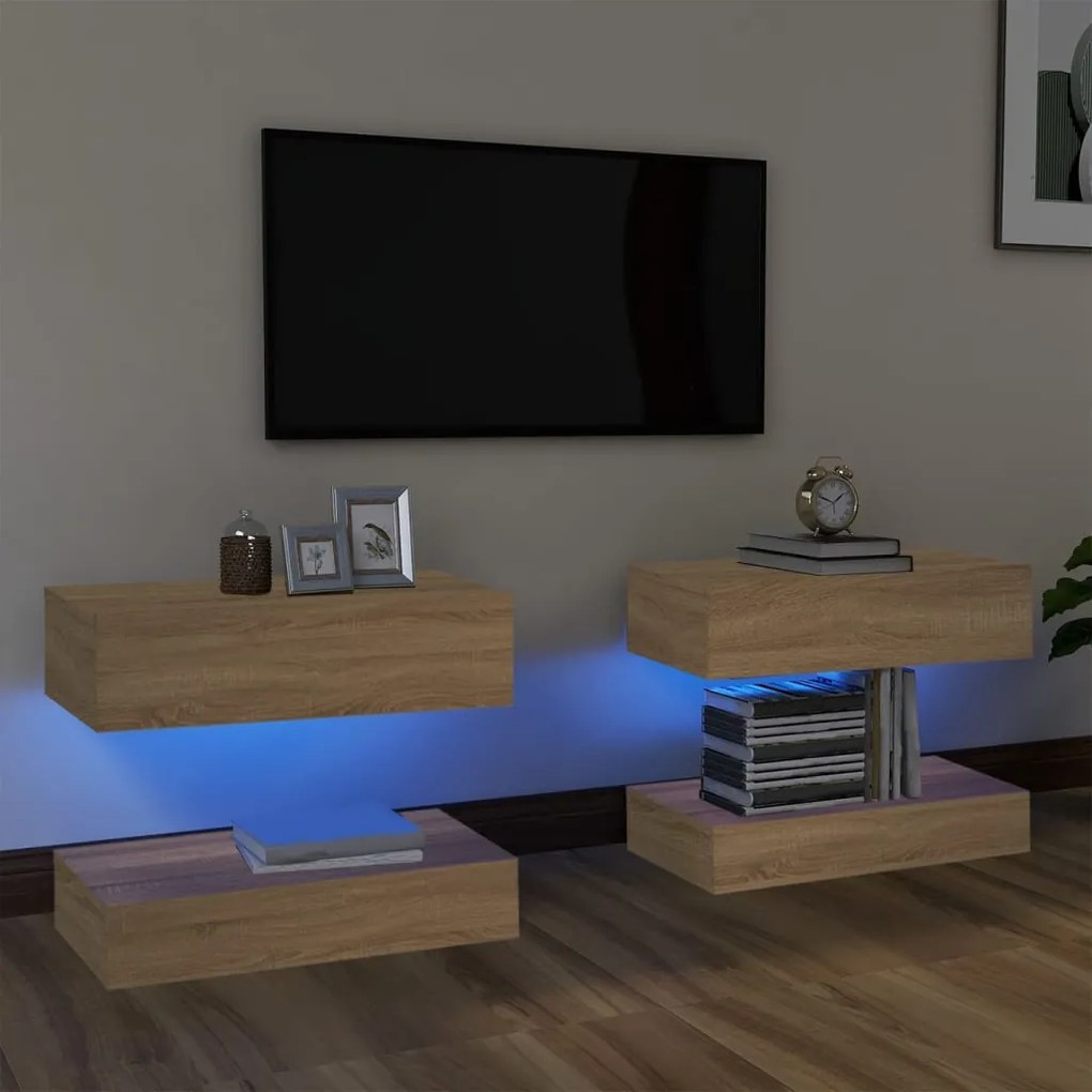 804272 vidaXL Móveis de TV com luzes LED 2 pcs 60x35 cm carvalho sonoma