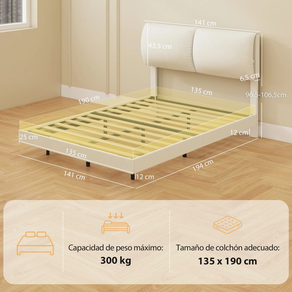 Cama de Casal 135x190 cm (COLCHÃO NÃO INCLUIDO)Estrado com Cabeceira Acolchoada Efeito Flutuante Estrutura Metálica Bege