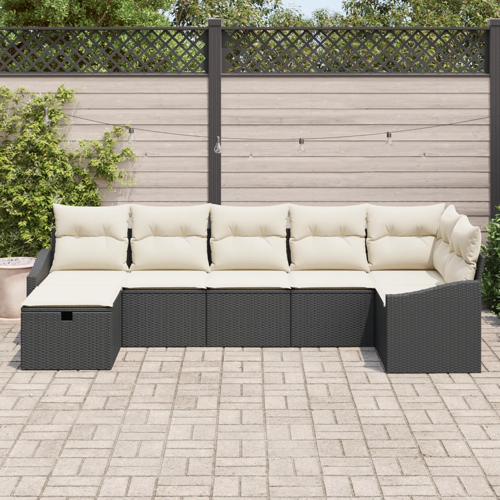 Conjunto de Sofá de Jardim de 7 peças com Almofadas Rattan Preto