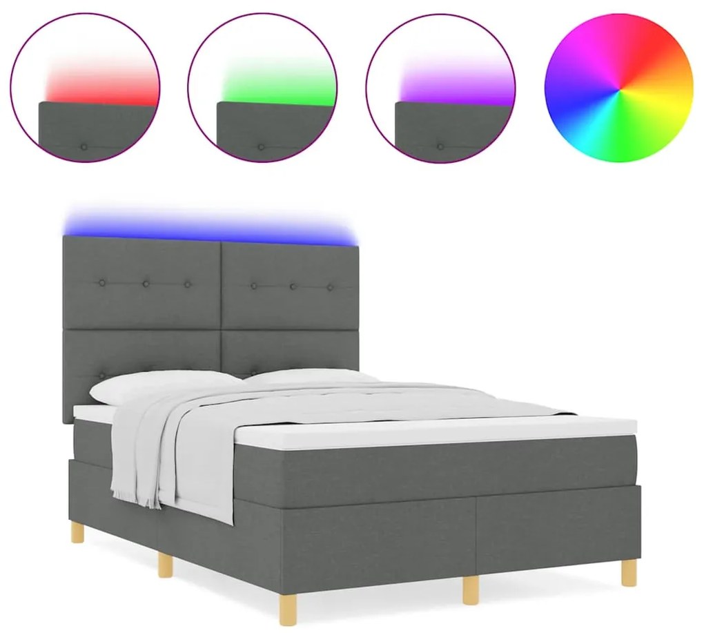 Cama com Box Spring com Colchão &amp; LED Cinza Escuro 160x200 cm Tecido