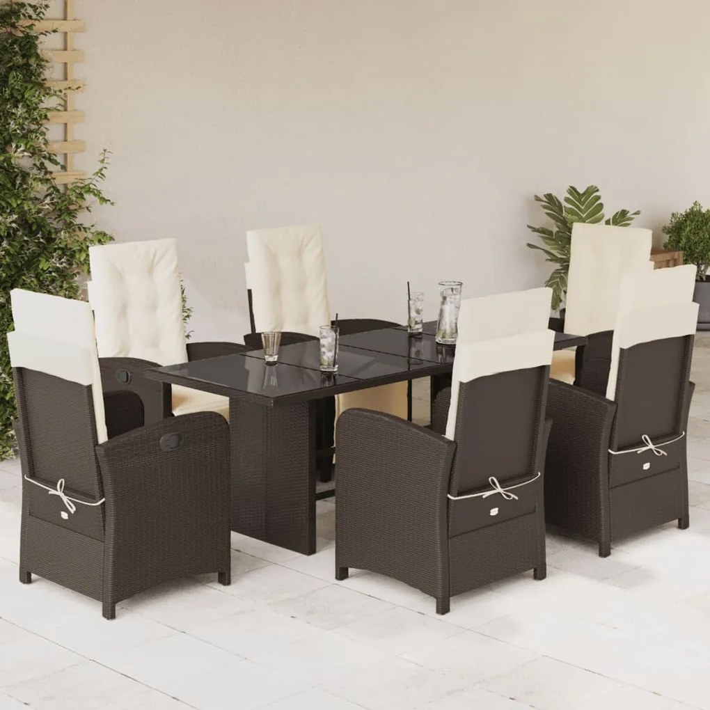 vidaXL 7 pcs conjunto jantar p/ jardim c/ almofadões vime PE castanho
