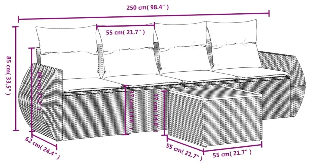 5 pcs conjunto sofás de jardim c/ almofadões vime PE cinzento