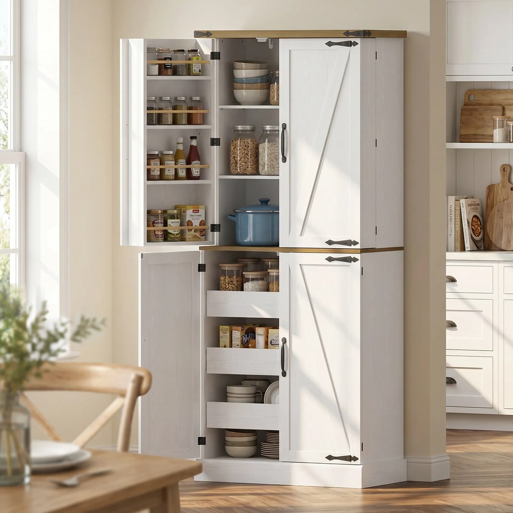Armário cozinha 76 x 40 x 182 cm 4 portas, 3 gavetas, 8 suportes para prateleiras e prateleiras ajustáveis, 76 x 40 x 182 cm, branco