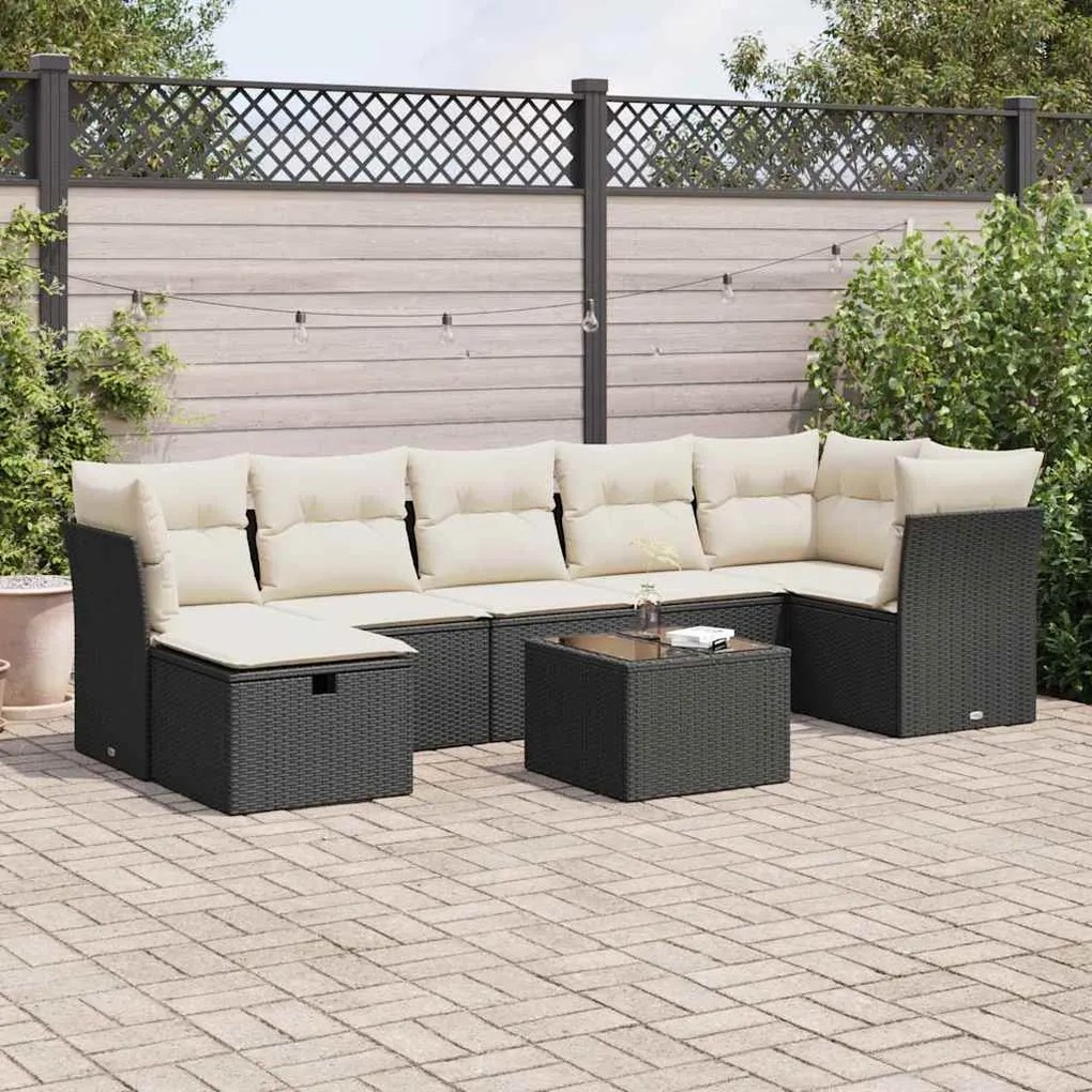 8 pcs conjunto sofás de jardim com almofadões vime PE preto