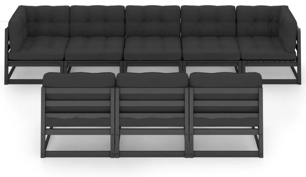 8pcs conjunto longue de jardim c/ almofadões pinho maciço preto