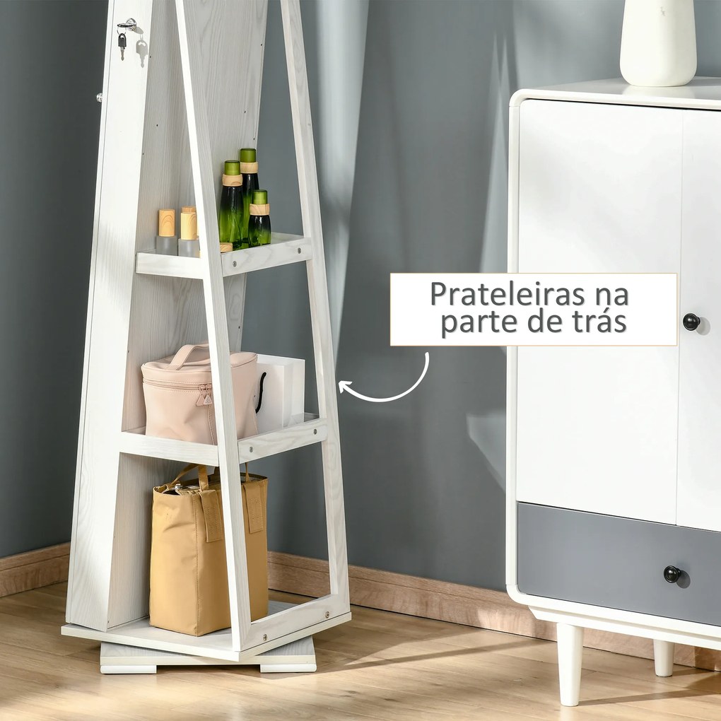 Espelho Joalheiro de Pé Armário para Jóias 360° com Fechadura e Espelho Incorporado Carga Máxima 20 kg 38x38x160 cm Branco