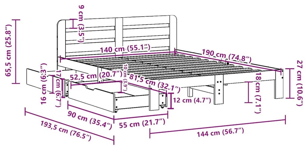 Cama sem colchão 140x190 cm madeira de pinho maciça