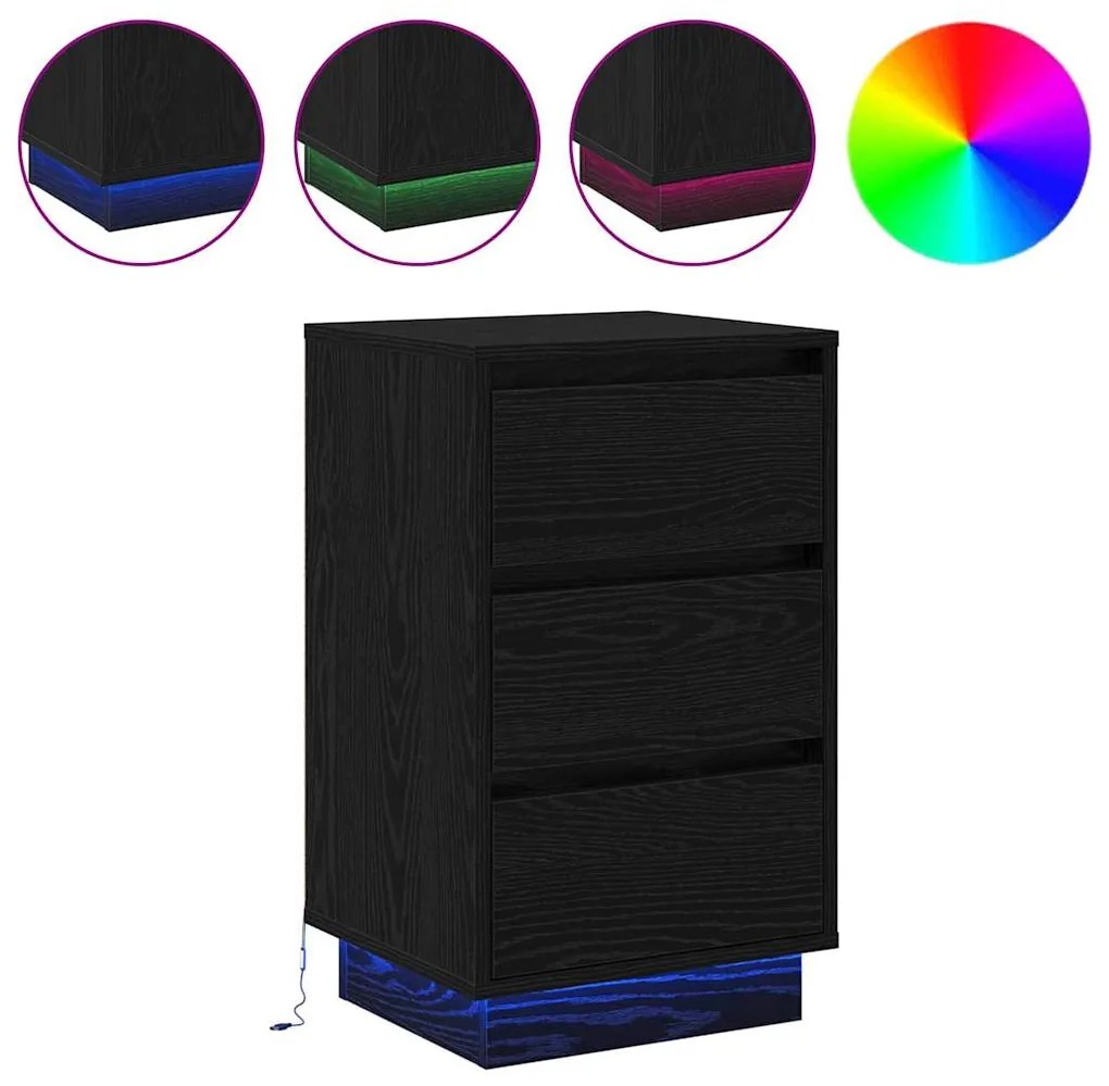 Criado-mudo com LED Carvalho Preto 39x34,5x65 cm Madeira Engenharia