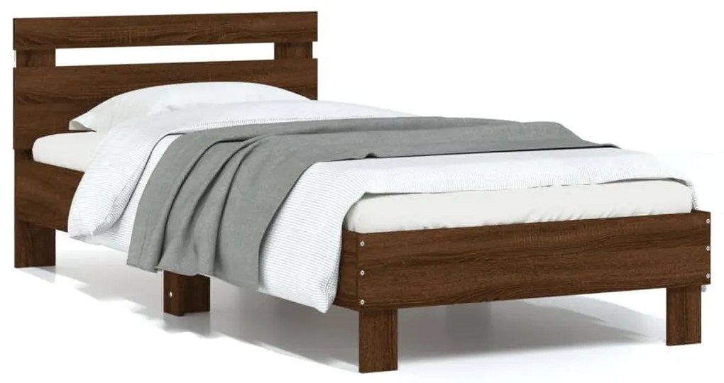 Estrutura cama cabeceira/luzes LED 75x190 cm carvalho castanho