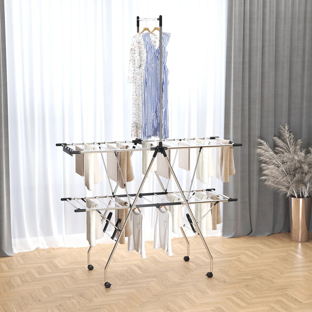 Estendal de roupa dobrável com rodas, ampla área de secagem, aço inoxidável, 138,5 x 63 x 208 cm, prateado e preto